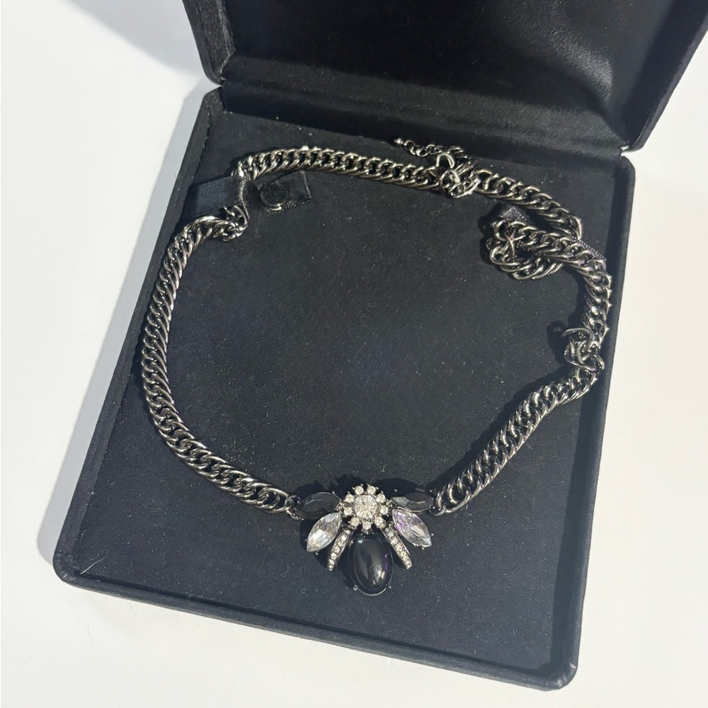 Vintage Glass Rhinestone Gunmetal Chain Statement Necklace New In Box No Tag